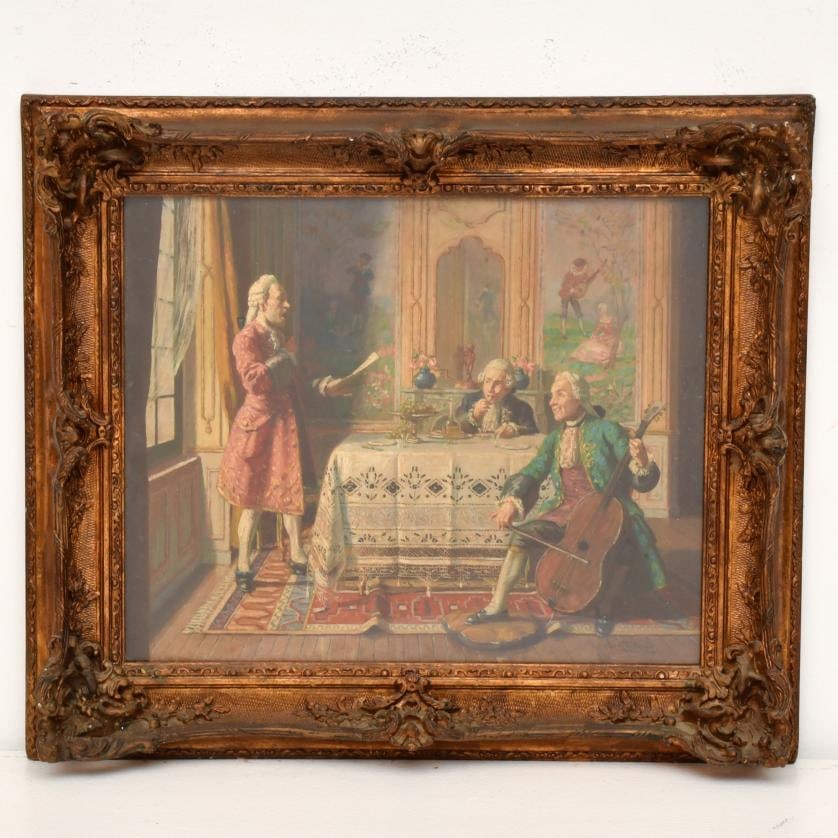 EMILIEN VICTOR BARTHÉLEMY (1885-1964). "Gentlemen rehearsing in the hall.": Oil on board. Signed. Framed in glass. 32.5 x 40 cm; 46.5 x 53.5 cm (frame).