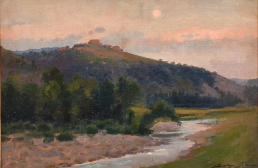 DOMINGO SOLER (1871-1951). "Sunset landscape with a river.": Oil on canvas. Signed. The canvas has a central crease, as if it had been folded. 41 x 60 cm; 65 x 84 cm (framed).