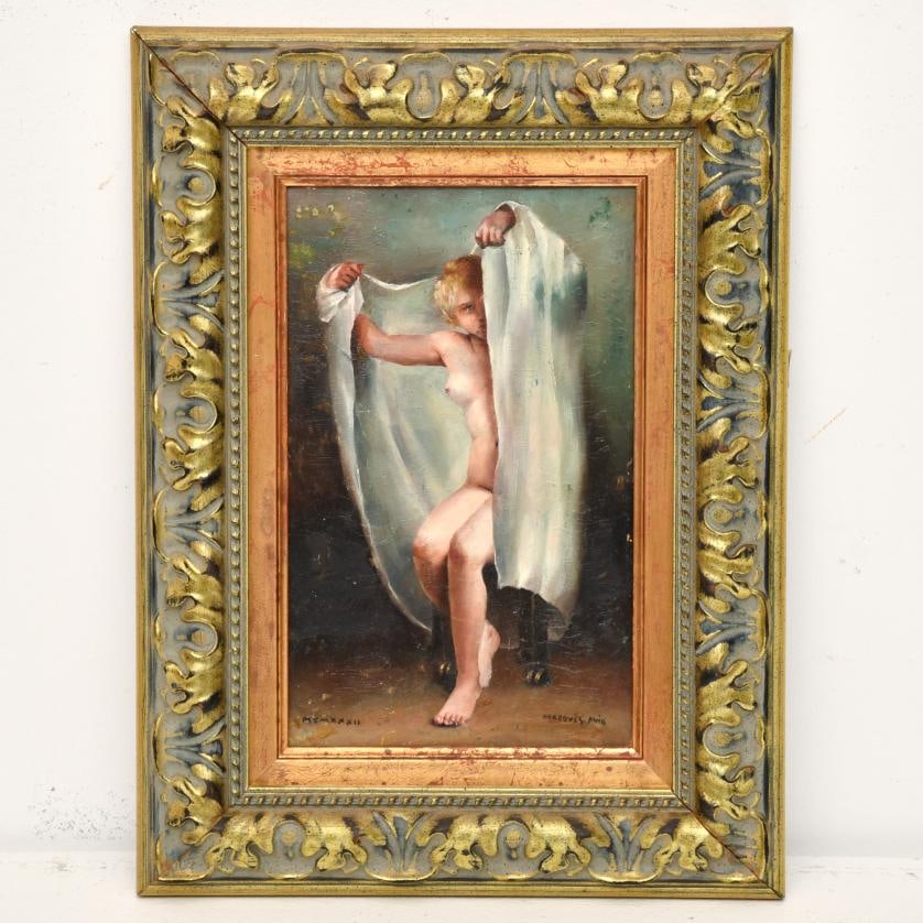 JOSEP MARIA MARQUES PUIG (1890-1950). "Female nude", 1932.: Oil on cardboard. Signed and dated. 30 x 18 cm; 46 x 34.5 cm (frame).