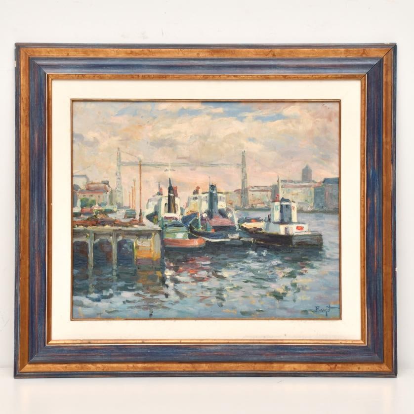 JORDI BAGET (1930). "Ría de Bilbao".: Oil on canvas. Signed on the front and back, where it is titled. 50 x 61 cm; 75 x 85.5 cm (framed).
