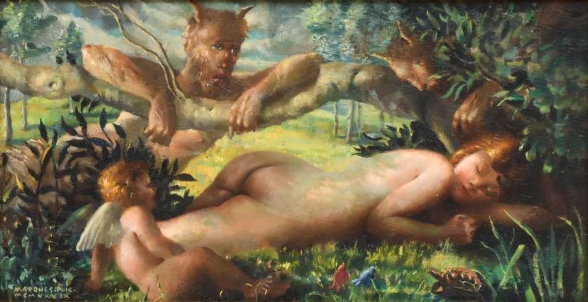 JOSEP MARIA MARQUES PUIG (1890-1950). "Venus and Faun", 1934.: Oil on cardboard. Signed and dated. 20 x 38.5 cm; 36 x 54.5 cm (frame).