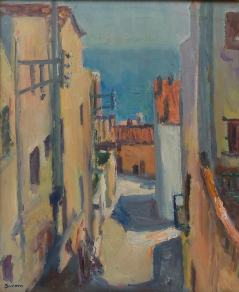 SIMÓ BUSOM (1927). "Carrer les 60 escales", Masnou, 1970.: Oil on canvas. Signed on the front and back, where it is titled and dated. 62 x 50 cm; 89 x 77 cm (frame).