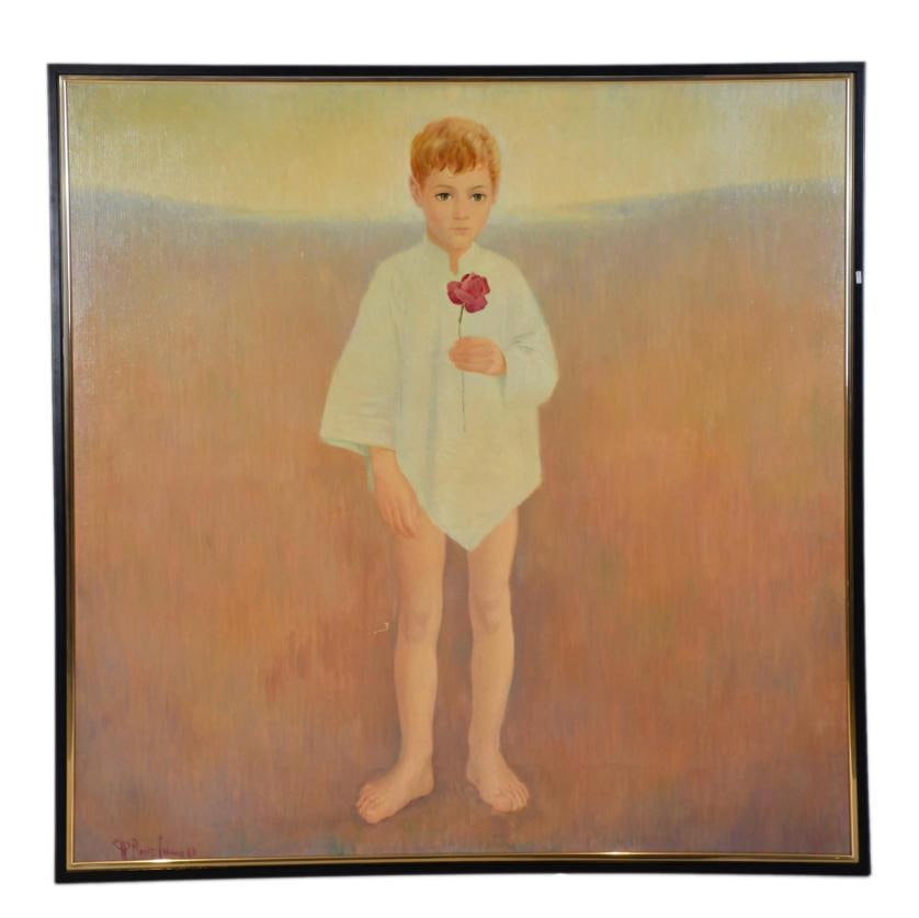 P. RUIZ PRIMA (20TH CENTURY). 'Child with a rose', 1983.: Oil on canvas. Signed and dated. Minor defect on the paint layer and dents on the lower part of the canvas. 130.5 x 130 cm; 135.5 x 135 cm (frame).