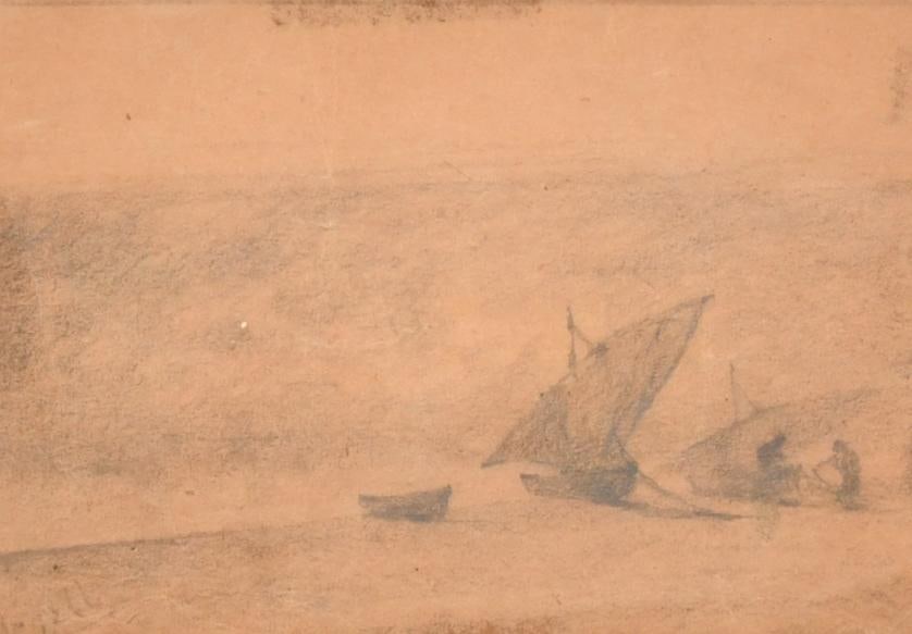 MODEST URGELL I INGLADA (1839-1919). "Boats on the shore.": Charcoal on paper. Signed. 10 x 14 cm; 22.5 x 26.5 cm (frame).