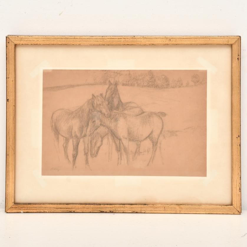 PAU ROIG CISA (1879-1955). "Horses".: Charcoal on paper. Signed.. 20 x 31 cm; 33.5 x 44 cm (frame).