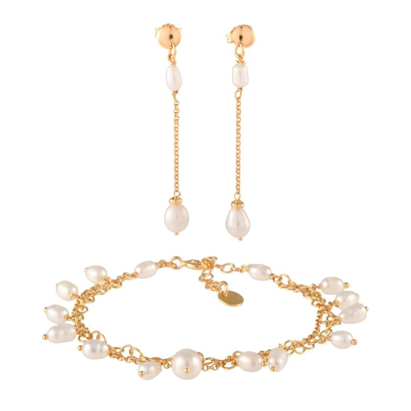 Bracelet and earrings with pearls.: Over-gilded 925 silver and cultured pearls.Links chain and carabiner clasp.Length when open: 21 cm.Earrings with pressure clasp.