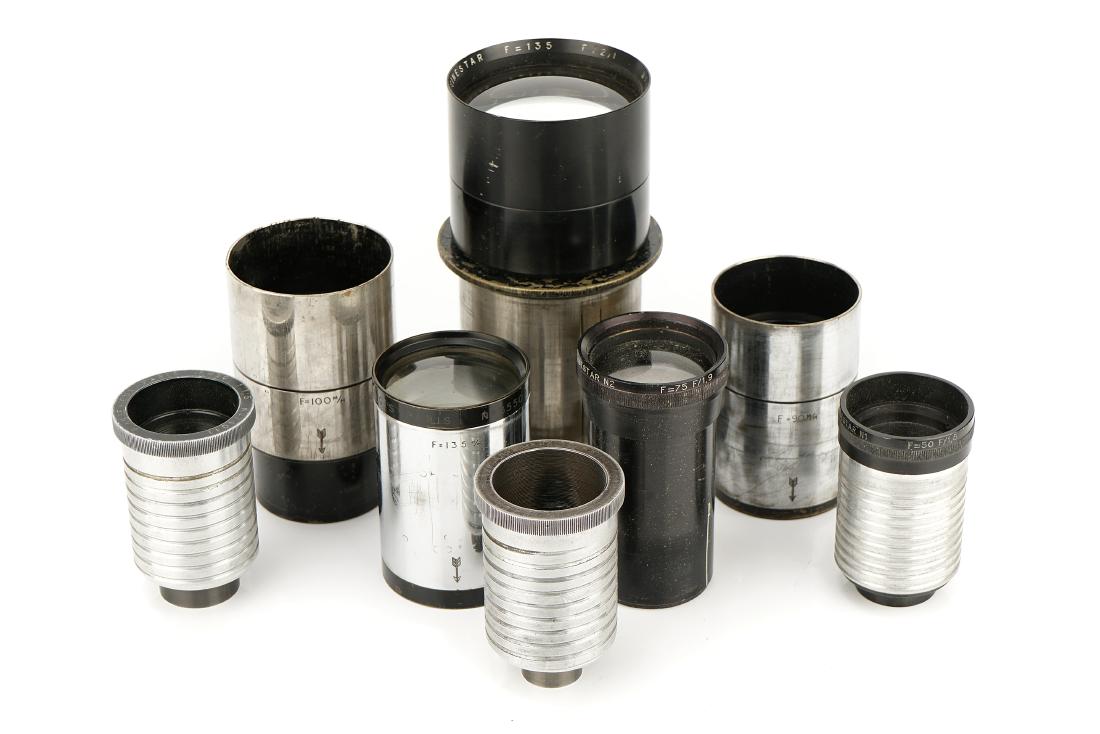 A Group of Projection Lenses,: A Group of Projection Lenses, A Group of Projection Lenses, including Berthiot Cinestar f/2.1 135mm, P. Angenieux f/1.5 50mm and more, mostly P-G (a lot)