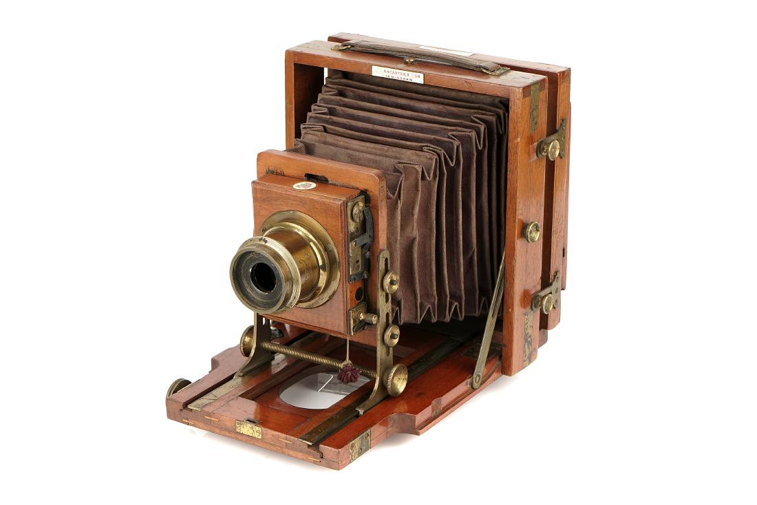A J. Lancaster & Sons 'The 1898 Instantograph' Patent: A J. Lancaster & Sons 'The 1898 Instantograph' Patent Half Plate Mahogany Field Camera, A J. Lancaster & Sons 'The 1898 Instantograph' Patent Half Plate Mahogany Field Camera, 1898, with J. Lancaster