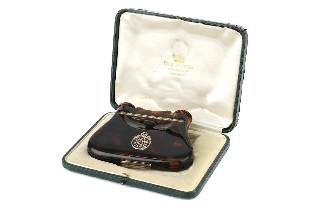 La Mignonne' Opera Glasses by Albert Barker: English, faux-tortoiseshell and silver-gilt, hallmarked London 1923, spring-assisted opening, engraved 'Albert Barker 5 New Bond Street London W' and 'Pat No. 16844', in fitted green Morocco case line