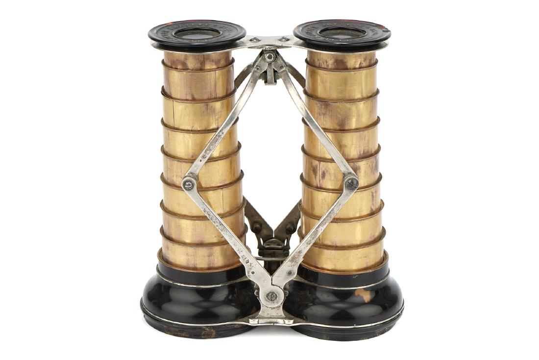 Bautain Patent Opera Glasses,: French, c.1840, gilt copper and tortoiseshell in hallmarked silver articulated frame, patented in 1838. Note: glued repairs to tortoiseshell objective lens mounts, chip to eyepiece