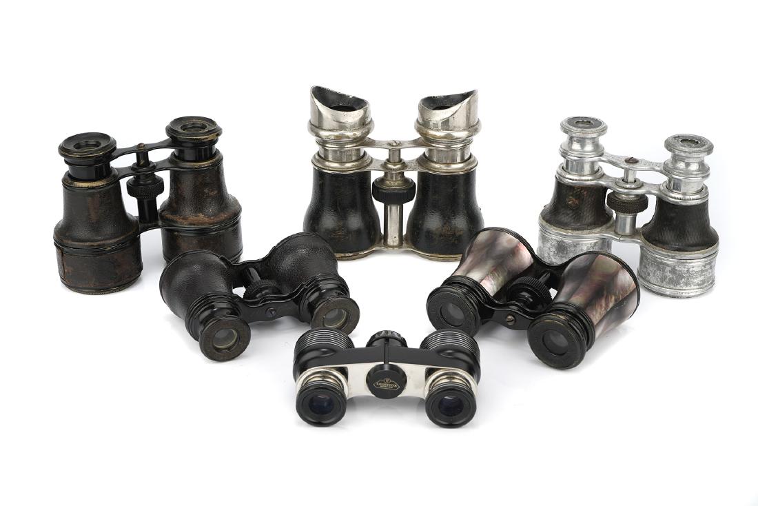 Six Various Pairs of Opera Glasses and Binoculars,: including an early aluminium pair by R & J Beck, London and Philadelphia, engraved 'Eliza Cochrane 10th May 1883', a pair marked 'Chevallier Paris', a pair marked 'L Bloch Geneve' and a pair in abalon