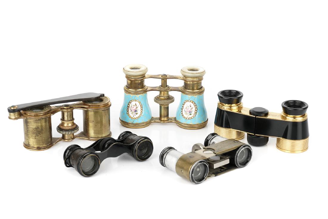 Five Various Pairs of Opera Glasses,: including, Zeiss Diadem (requiring collimation); Max Balbreck compact, Simon, Paris, with handle and two others