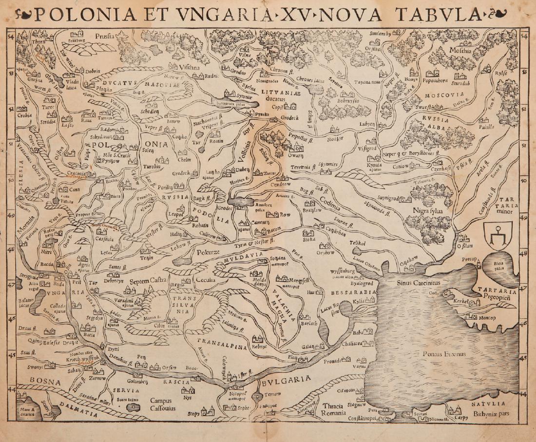 A 16th Century Woodcut Map of Poland, Lithuania, the: Munster, c.1540, Woodcut map titled 'Polonia et Ungaria XV Nova Tabula', showing Poland, Lithuania, the Ukraine, Moscovy and the Balkans, extending from Prussia, Vilna and Smolensky in the north to Bo