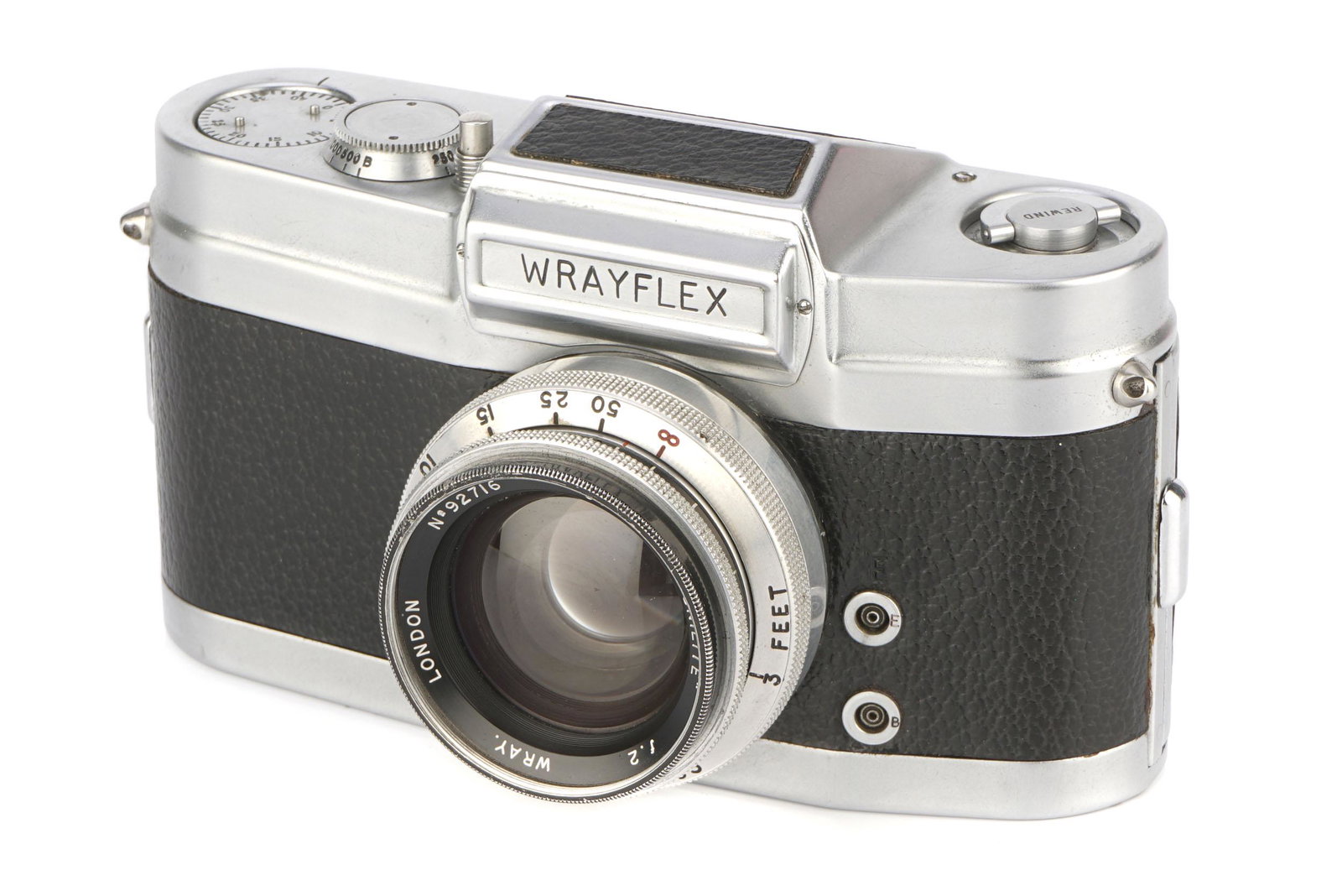 A Wray Wrayflex I Camera,: A Wray Wrayflex I Camera, 1950, chrome, serial no. 1570, with Wray Unilite f/2 50mm lens, chrome, serial no. 92716, body, VG, shutter working, G-VG, some light internal marks Notes: Marked to base 'Pa