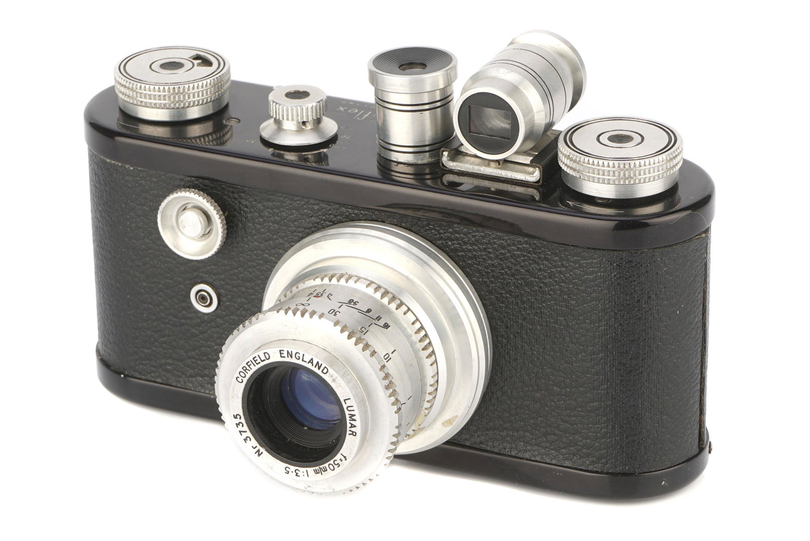 A Corfield Periflex I Camera,: A Corfield Periflex I Camera, 1954, black, serial no. 3492A, with Corfield Lumar f/3.5 50mm lens, chrome, serial no. 3735, body, VG-E, shutter working, lens, VG, some very light cleaning marks Note: V