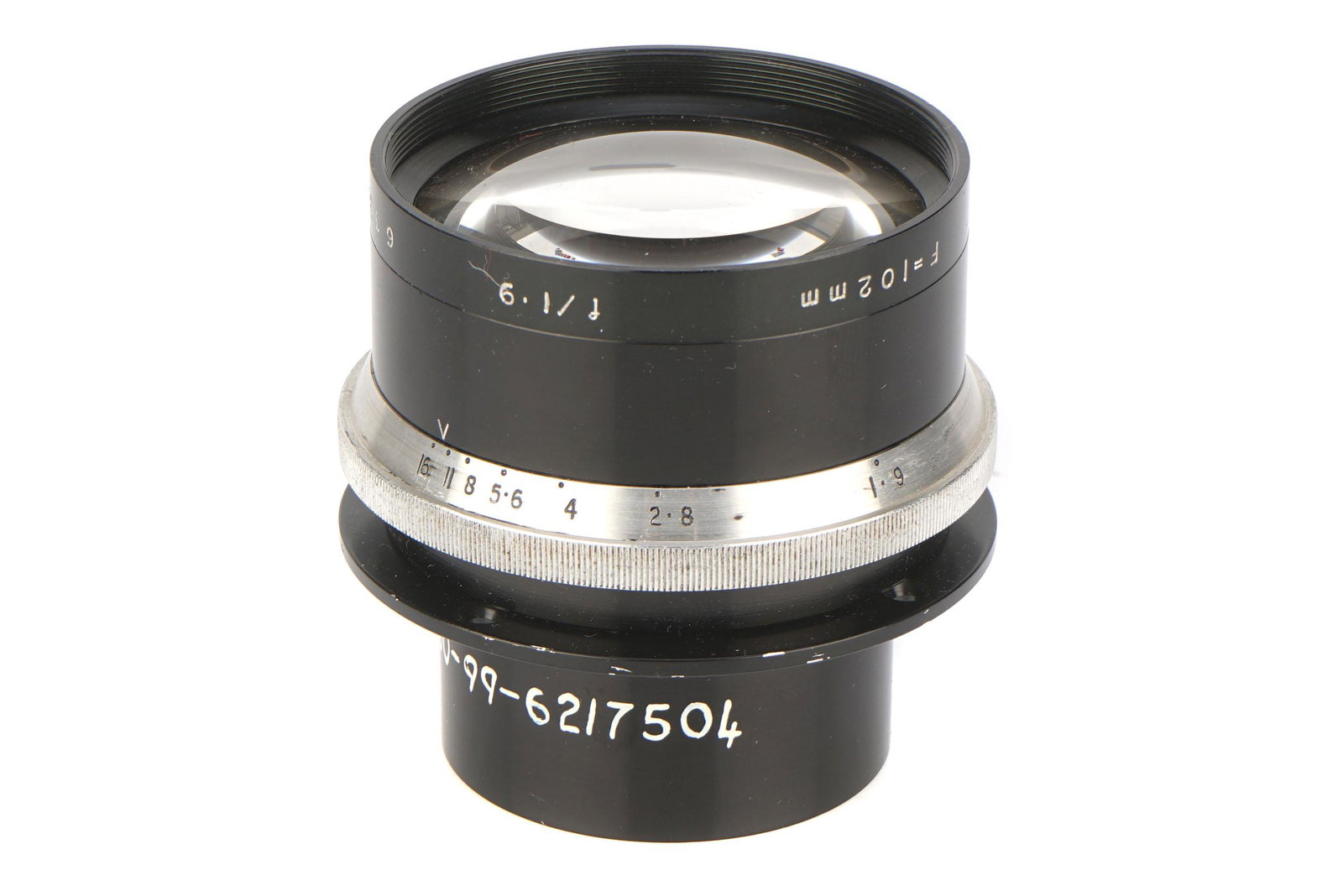 A Dallmeyer Super Six f/1.9 102mm Lens,: A Dallmeyer Super Six f/1.9 102mm Lens, black, serial no. 633021, body, VG, elements, E, with maker's lens cap