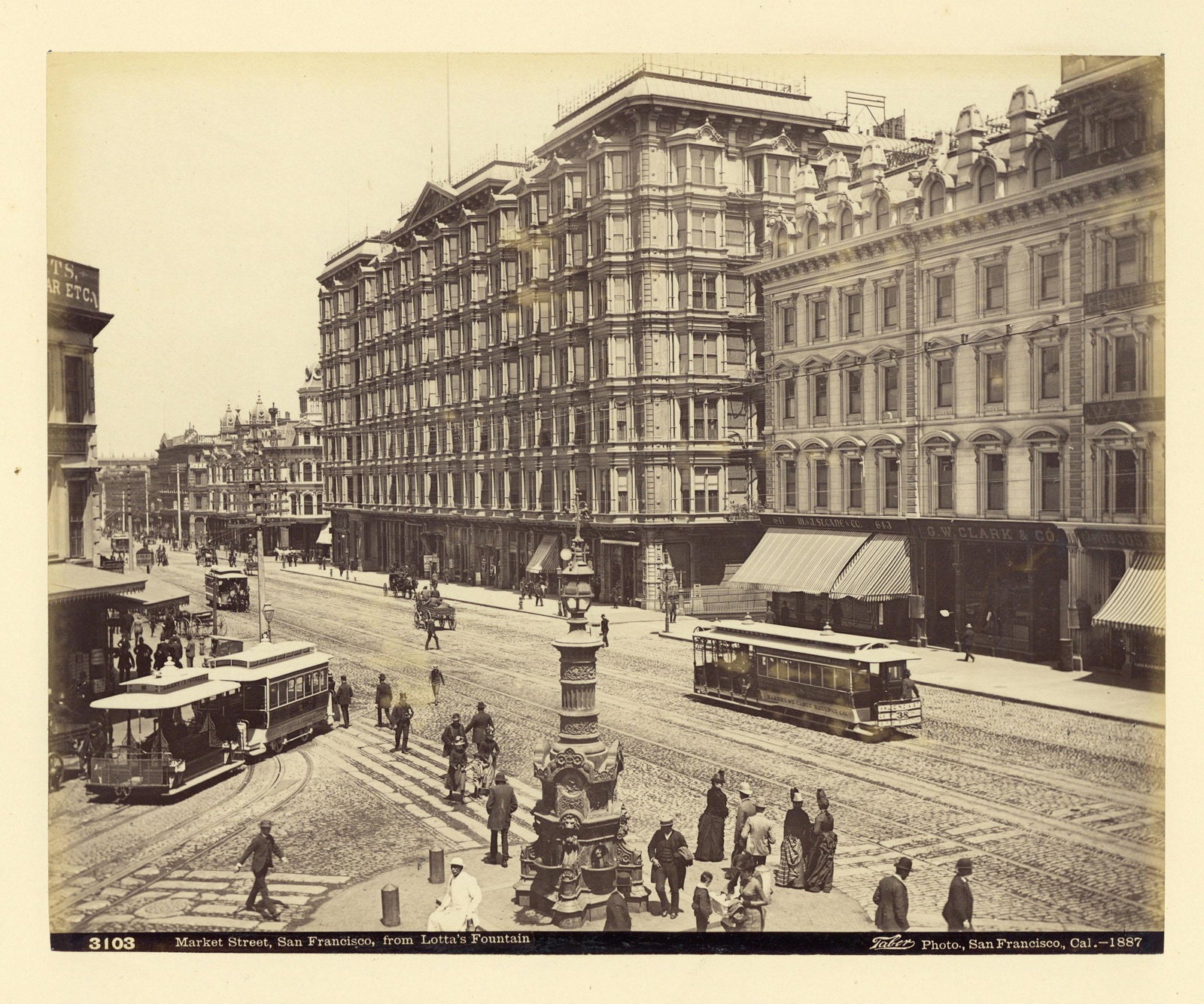 ISIAH TABER Five Views of San Francisco and Environs, : ISIAH TABER Five Views of San Francisco and Environs, albument prints c.1887, each titled in the negative, 'Across the Golden Gate', ''Market Street from Lotta's Fountain', 'Ferry Boat entering Oaklan