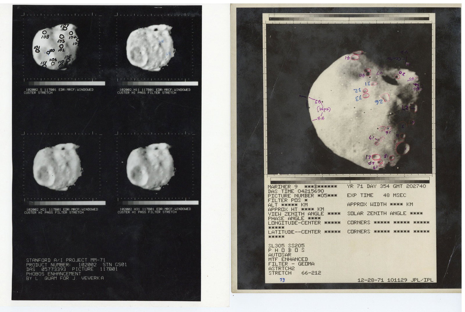 Planetary Exploration – Mariner 9 and The Viking: Planetary Exploration – Mariner 9 and The Viking Program, Phobos, 75 prints, glossy silver gelatin prints and others, all c.1977 images of Phobos some with hand drawn mapping and annotation by D W G