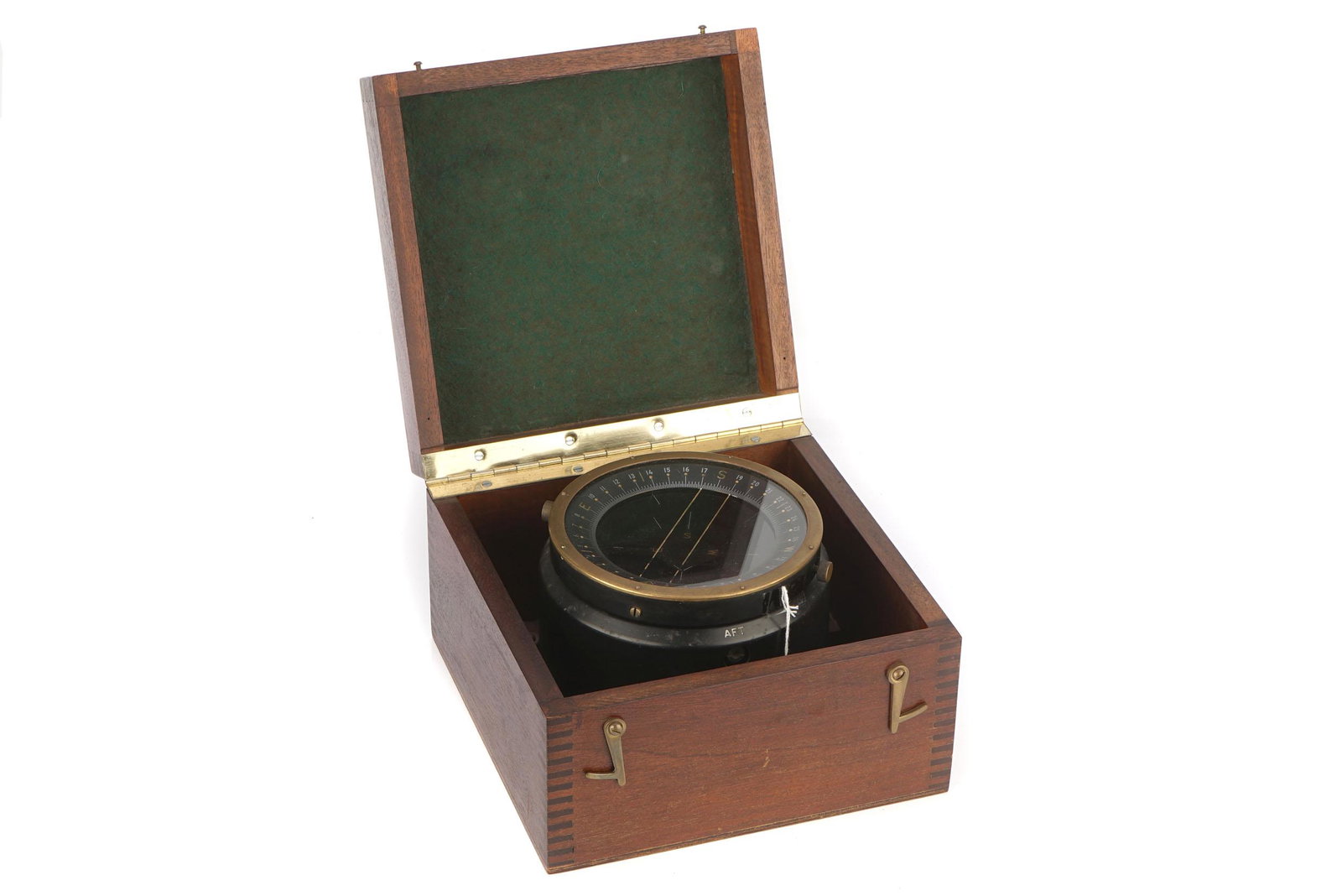 A Directional Compass for a Lancaster Bomber,: A Directional Compass for a Lancaster Bomber, British, c.1944, fluid-filled magnetic compass black painted brass body, in later wooden case, compass in working order face diameter 17cm, case 25cm acro