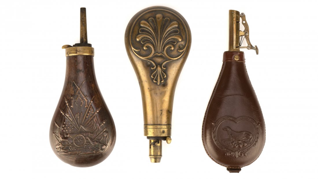 Three Powder Flasks,: Three Powder Flasks, with decoration