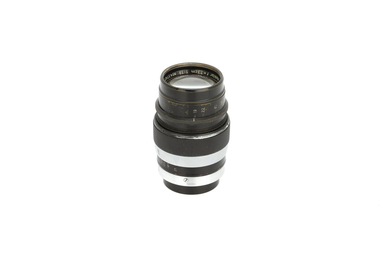 A Leitz Hektor f/1.9 73mm Lens,: 1938, black/nickel, serial no. 437977, body, G, elements, P-F, separation, complete with lens hood and maker's caps Note: Lot imported under Temporary Admission. 5% UK import VAT will be charged on th