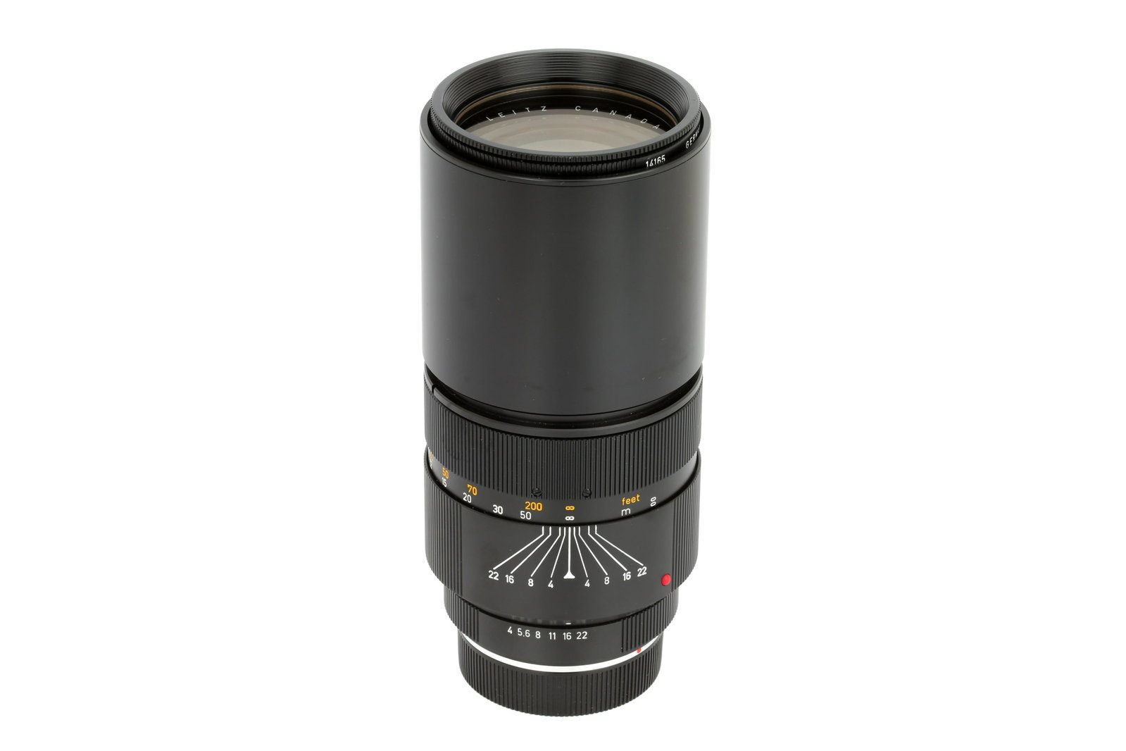 A Leitz Telyt-R f/4 250mm Lens,: 1971, black, serial no. 2494784, body, E, elements, E, complete with caps, service card and maker's box