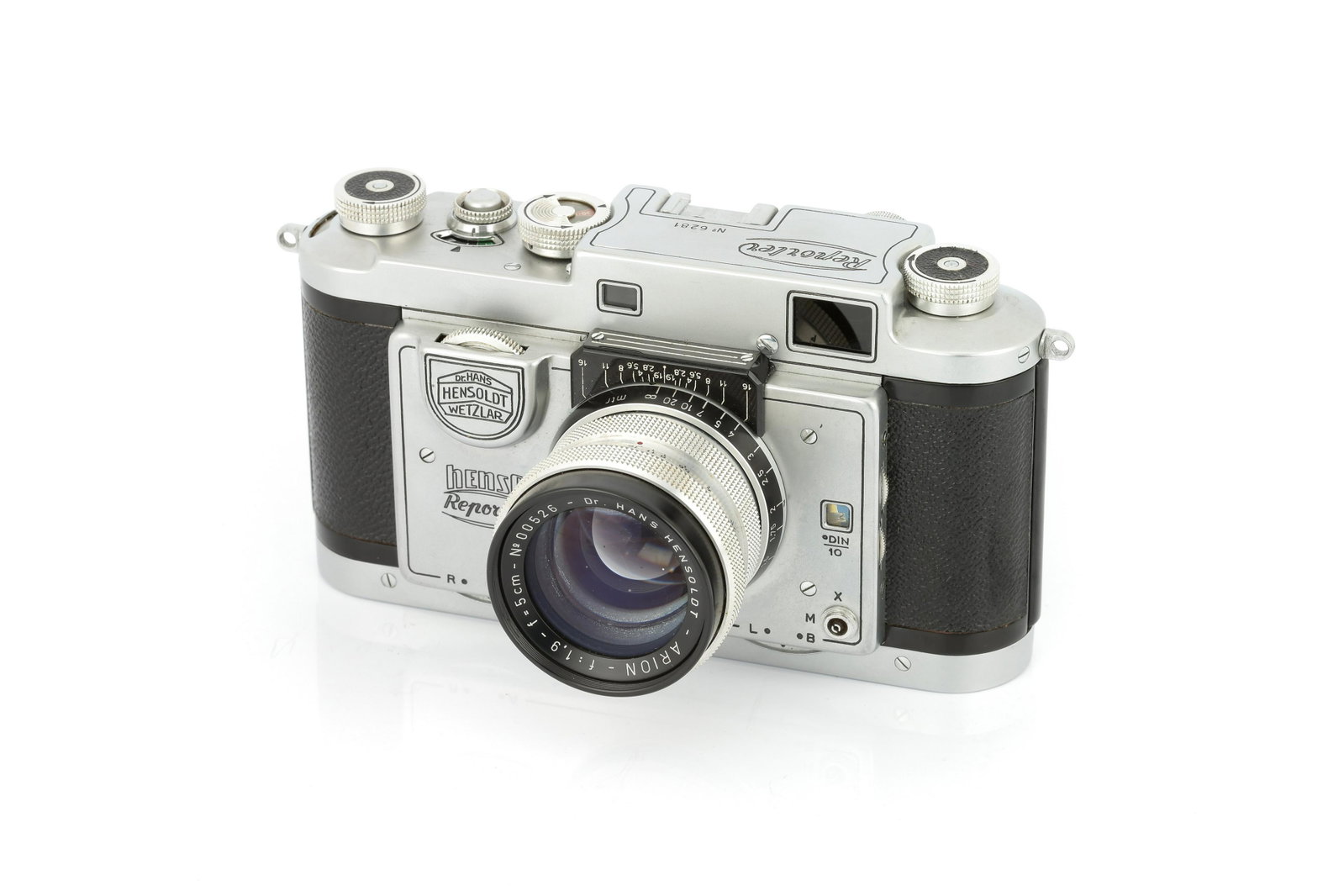 A Hensoldt Henso Reporter Rangefinder Camera,: 1953, chrome, serial no. 6281, with Dr Hans Hensoldt Arion f/1.9 50mm lens, chrome, serial no. 00526, body, VG-E, shutter working, lens, VG, some very light marks, complete with lens cap and maker's o