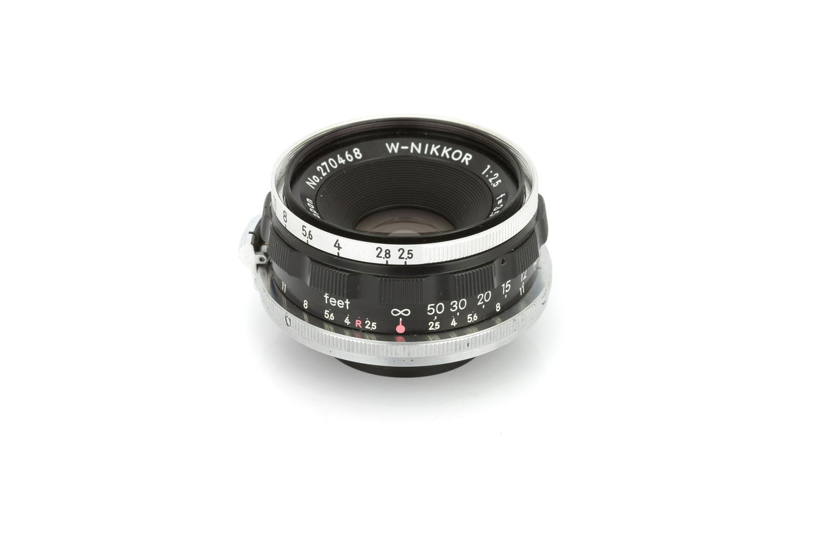 A Nippon Kogaku W-Nikkor f/2.5 35mm Lens,: Nikon external bayonet, black, serial no. 270468, body, VG-E, elements, VG-E, with maker's caps Note: Marked ''E.P' to lens release Note: Lot imported under Temporary Admission. 5% UK import VAT will