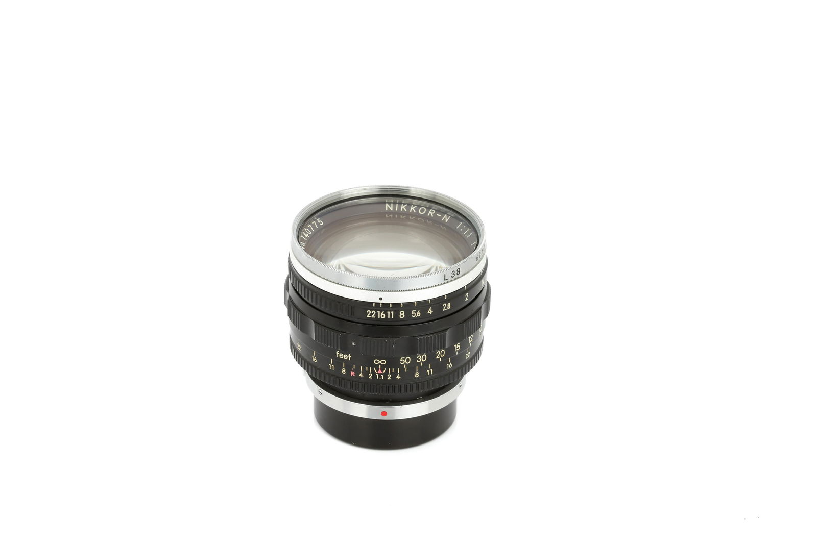A Nippon Kogaku Nikkor-N f/1.1 50mm Lens,: Nikon external bayonet, black, serial no. 140775, body, G-VG, elements, VG, some light cleaning marks to rear element, complete with Nippon Kogaku L38 filter, lens caps and maker's case Note: Lot impo