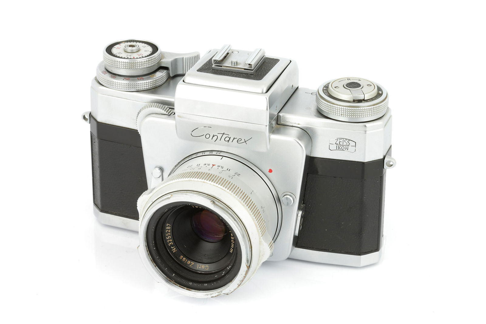 A Zeiss Ikon Contarex Special SLR Camera,: 1960-66, chrome, serial no. U25497, with Carl Zeiss Tessar f/2.8 50mm lens, chrome, serial no. 3255287, body, G-VG, shutter working, lens, G, some marks to front element Note: Lot imported under Tempo