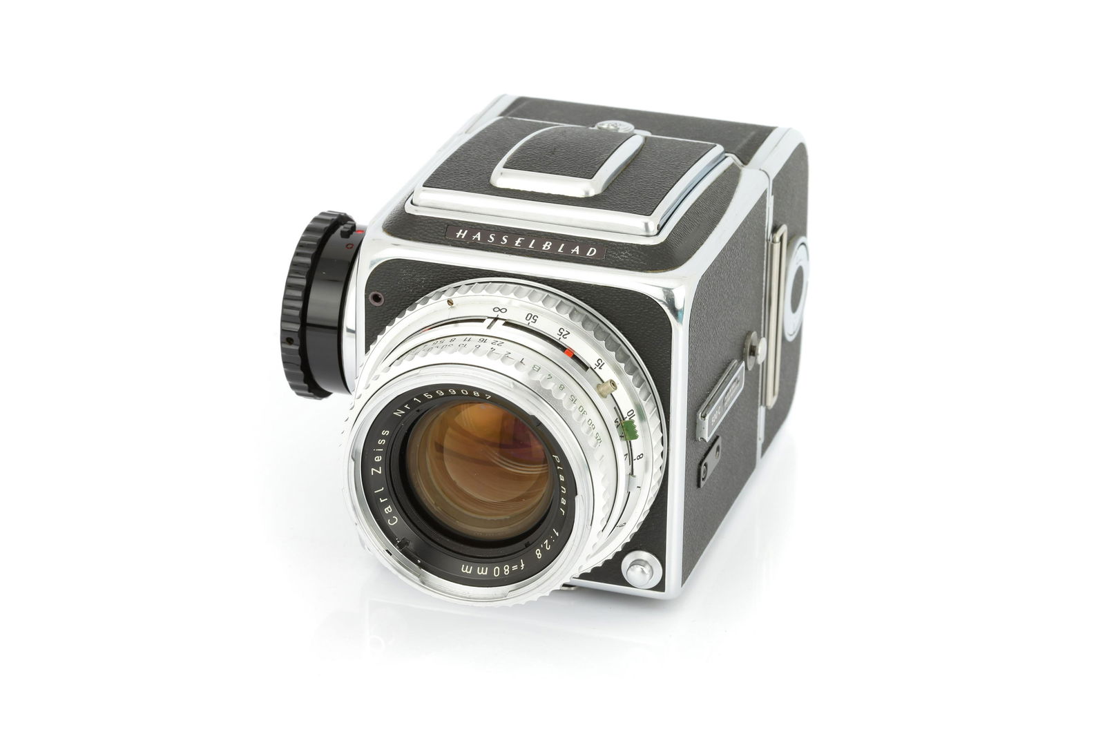 A Hasselblad 500C 'Type 1 C Box' Medium Format Camera,: 1957, chrome, serial no. CU34080, with Carl Zeiss Jena Planar f/2.8 80mm lens, chrome, serial no. 1599087, body, VG-E, shutter working, lens, VG-E, complete with paperwork and maker's box Note: This i