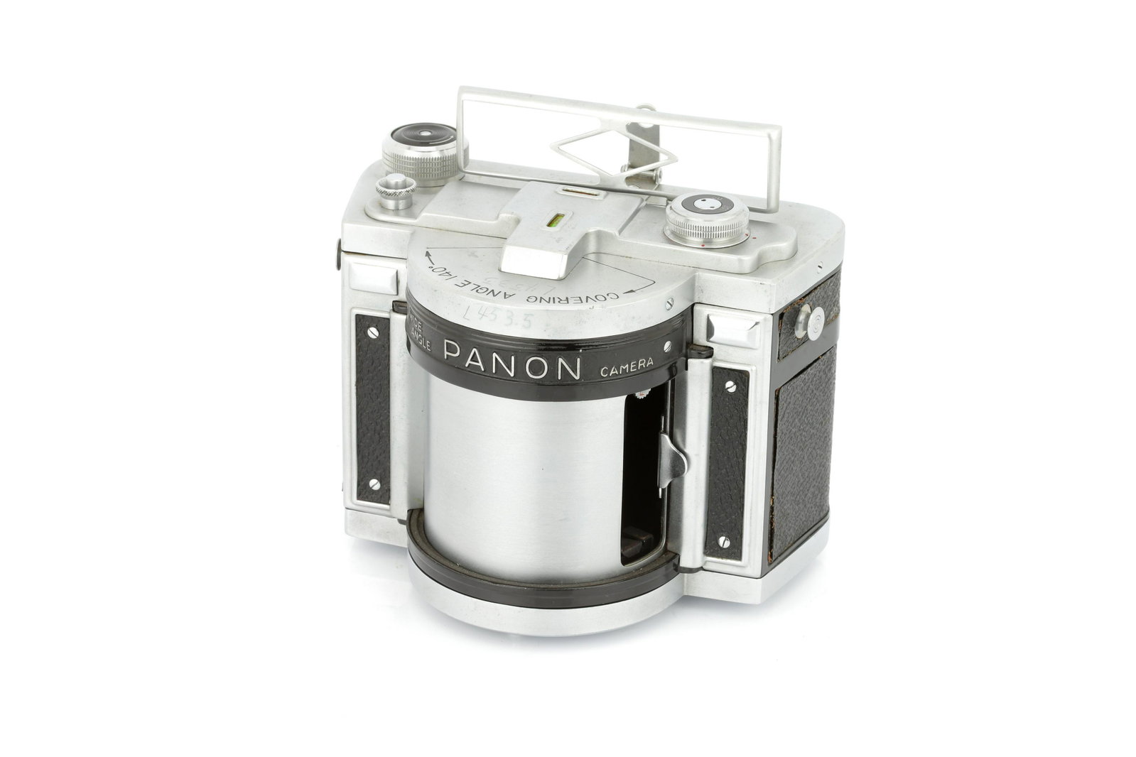 A Panon Camera Co. Super Wide IIA Panoramic Camera,: 1958, chrome, serial no. 51001, with Konishiroku Hexanon f/2.8 50mm lens, serial no. 86000, body, VG, shutter working, crudly engraved 'L4535' in two places, lens, G, some light fungus, in a maker's c