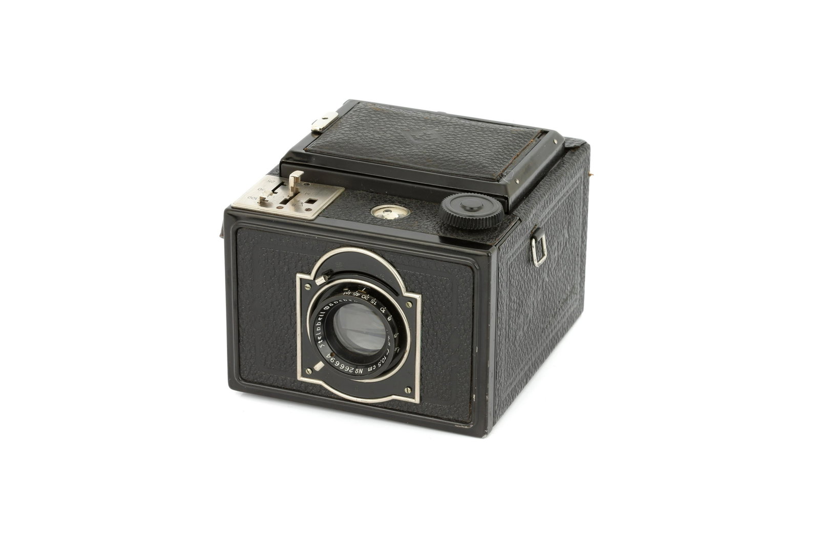 A Kamera Werkstatten Reflex Box Camera,: 1933, 6x9cm, black, with Steinheil Munchen Actinar f/4.5 105mm lens, black, serial no. 266694, body, VG-E, shutter working, lens, G-VG, some light internal haze