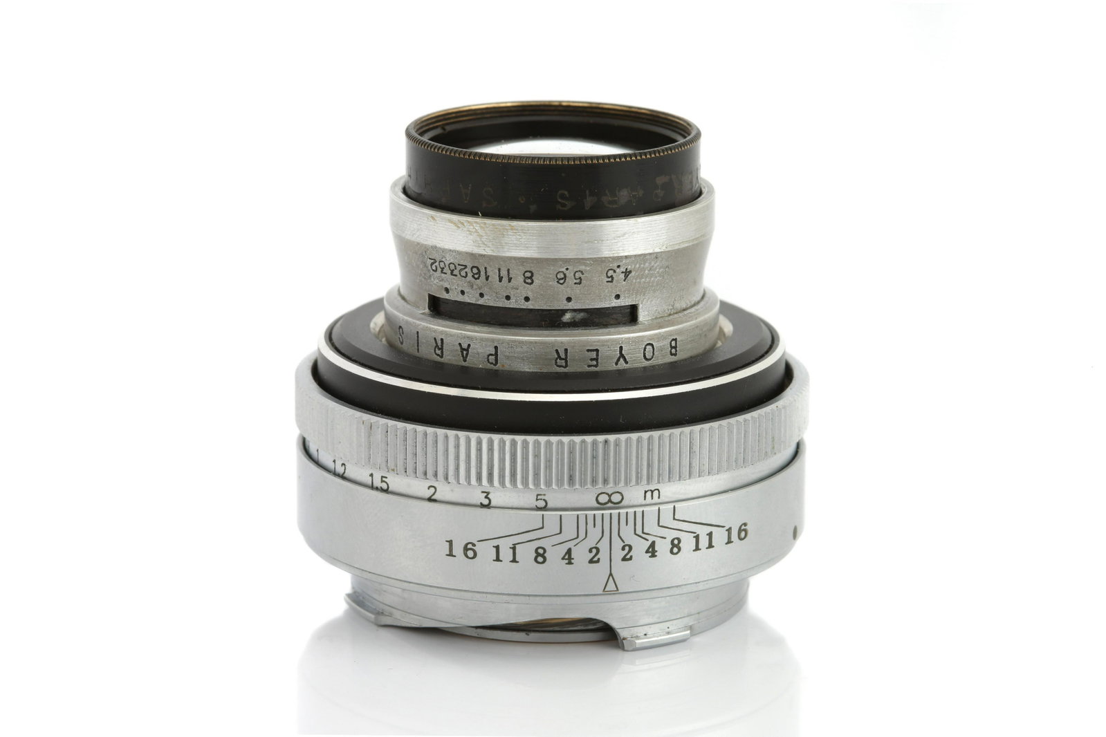 A Prototype Boyer Saphire f/1.9 50mm Lens,: black, serial no. 2100801, body, VG, elements, VG-E Note: Professional adapted to Leica M rangefinder coupled