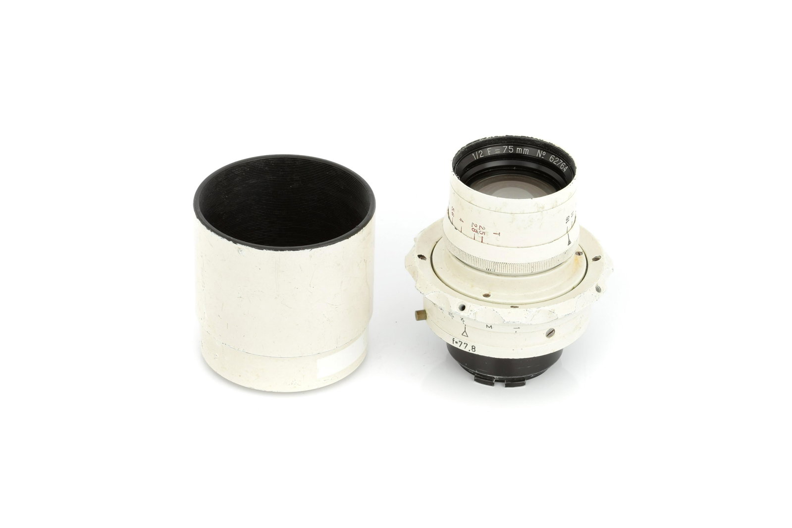 A Kinoptik Apochromat f/2 75mm Lens,: Cameflex mount, white, serial no. 62764, body, G-VG, elements, F-VG, heavy cleaning marks to front element, complete with lens hood