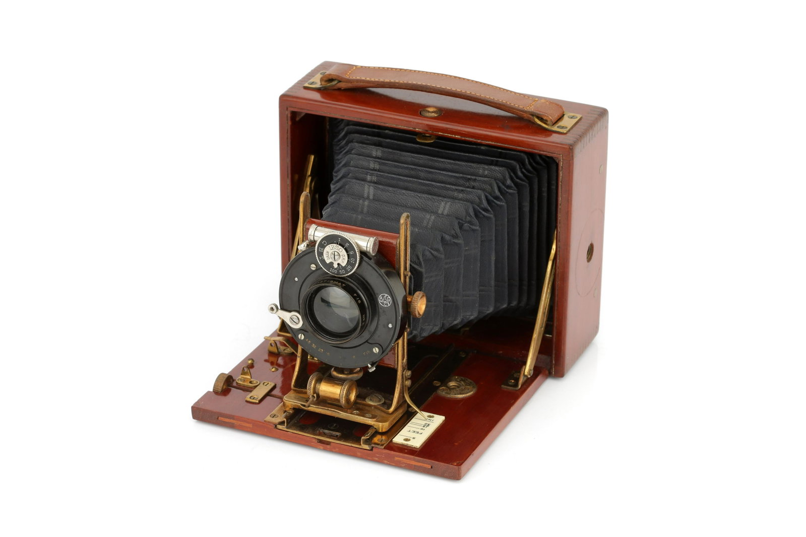 A J. Lizars Challenge Mahogany & Brass Camera,: 1905, 3¼x4¼", with Aldis Anastigmat No.2 f/6 lens, body, VG-E, blue bellows, lens, VG-E, shutter working, complete with ground glass screen and three DDS, in maker's case