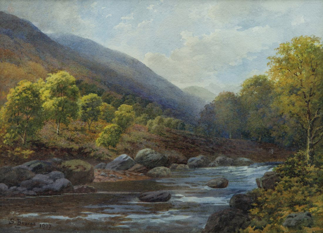 A Highland River, Watercolour by Samuel Bourne: signed S. Bourne and dated 1907, 25cm x 34.5cm, framed and glazed, frame 44cm x 54cm overall. Note: Famous for his photographs of India in the 1860s, on his return to England much of Bourne's creative