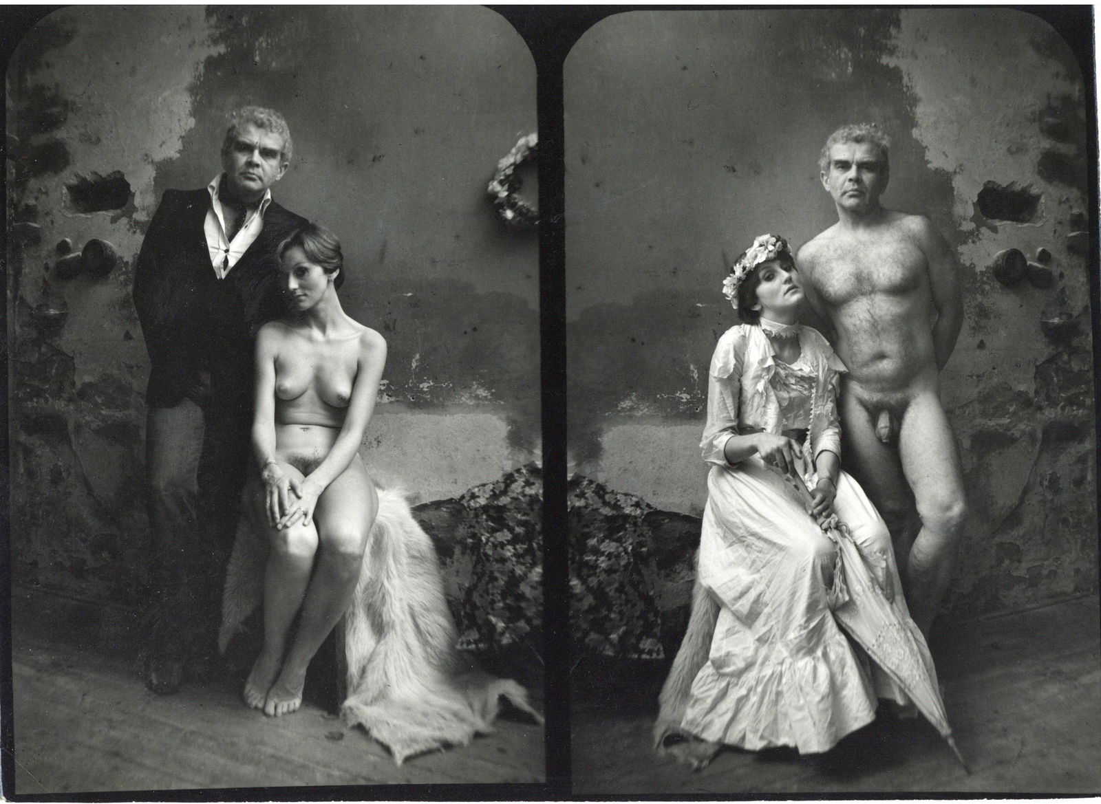 JAN SAUDEK (1935-), Double Portrait,: gelatin silver print, c.1980, a couple, the left image with woman nude, the right image with man nude, typically taken in Saudek's basement studio, signed in pencil verso ' 'Jan Sau' 17cm x 23cm