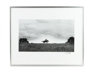 PATRICK LICHFIELD (1939-2005), A Racehorse,: racehorse and jockey, silhouetted on skyline, silver print, signed 'Lichfield' on mount, 230mm x 390mm, framed and glazed, VG