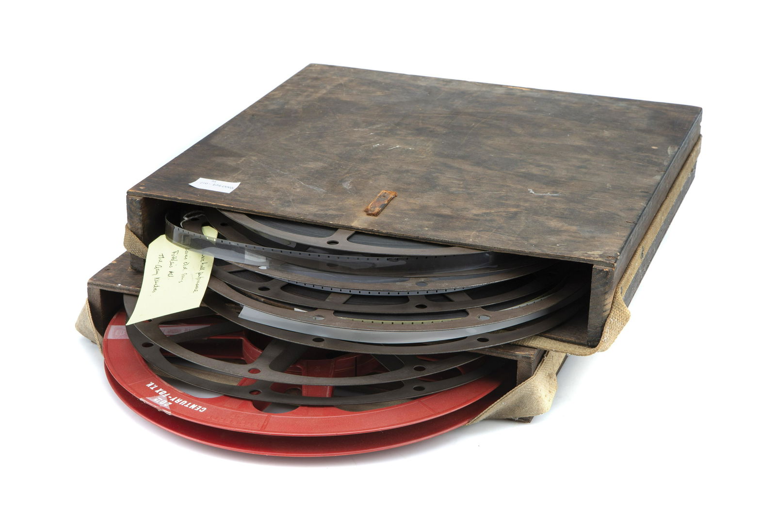 A Mixed Selection of 16mm Cine Film Reels,: including Looney Toons, Old Pioneer, Porky in Egypt, a music hall preformance and more (three reels), in wooden carry case