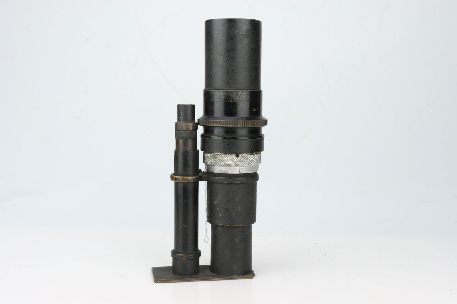 A Carl Zeiss Jena Tessar 210mm f/3.5 Lens,: Akeley mount, black, body G, with a twinned finder lens, unmarked, optics F, some haze, fungus, & dust present, in brass mount with the number '160' stamped to reverse,
