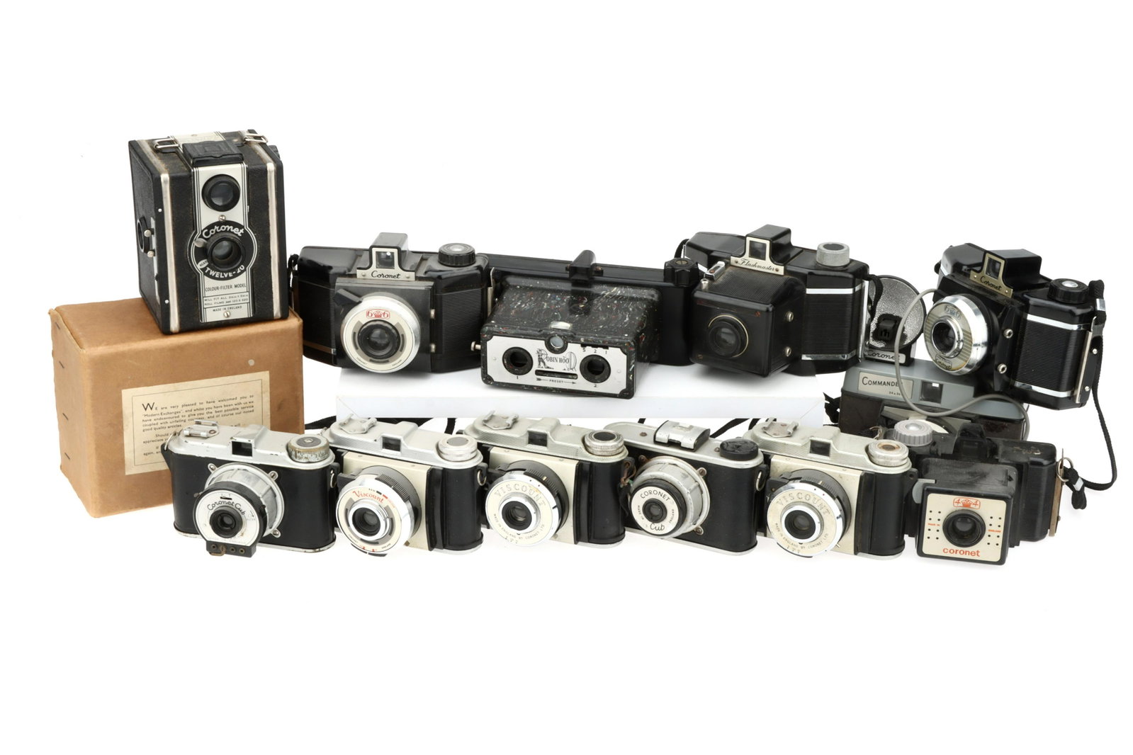 A Mixed Selection of Bakelite Cameras,: to include a Robin Hood Stereo, a Coronet 66, a Flashmaster, a Coronet Commander, a Coronet Cub, & more,