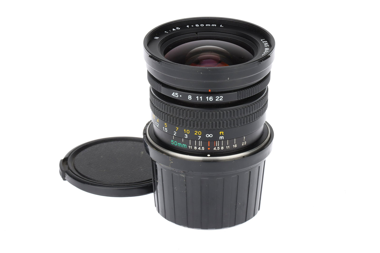 A Mamiya N L f/4.5 50mm Lens,: A Mamiya N L f/4.5 50mm Lens,black, serial no. SH183, body, VG, shutter working, elements, VG