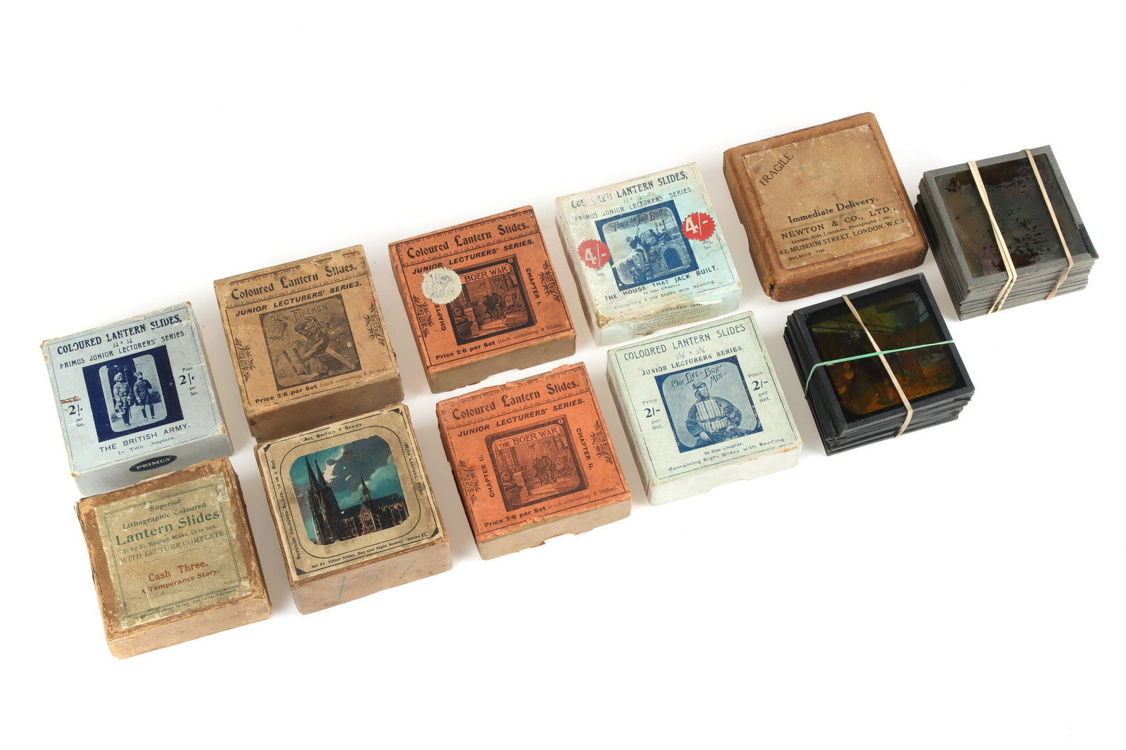 Collection of Boxed Magic lantern Slides,: Collection of Boxed Magic lantern Slides, comprising of a set of 'The British Army'; Junior Lanter Slides The Boer War in two boxes; Cash Three the Temperance Society; Our Firemen; Our Life-Boat Men;