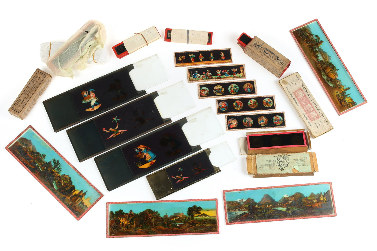 Collection of Continental Magic Lantern Slide Sets: Collection of Continental Magic Lantern Slide Sets comprising of various sets and part sets with 4 sets in card cases and the rest loose, with 3 large tinplate slip slides, (a lot)