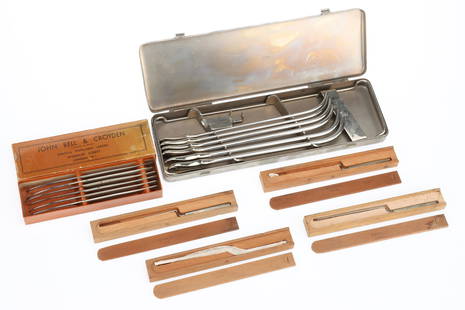 A Number of Surgical Instruments - From the Down Brothers Museum: A Number of Surgical Instruments - From the Down Brothers Museum comprising of: a card case of 6 surgical knives in a card case marked 'JOHN BELL & CROYDEN SURGICAL INSTRUMENT MAKERS, LONDON' 4 wooden