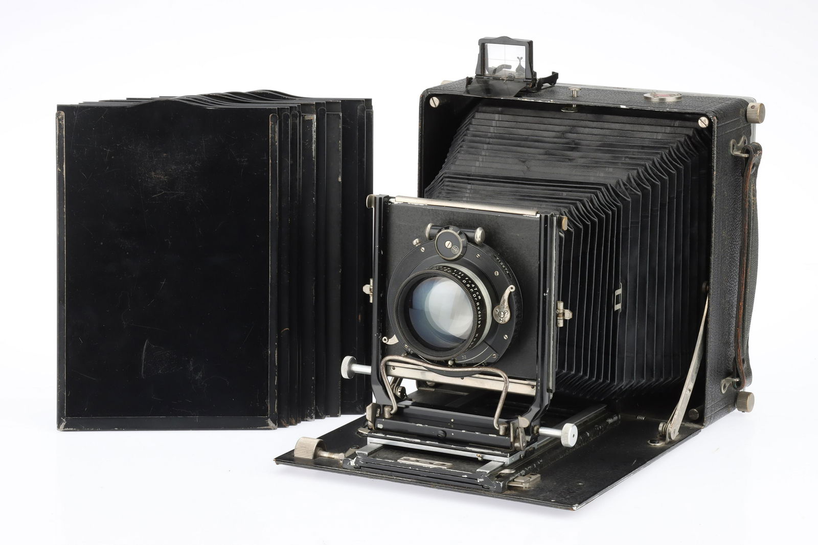 A Linhof Technika Large Format Folding Camera,: A Linhof Technika Large Format Folding Camera, black, 1936-45, 13 x 18 cm format, serial no.17173, with a Hugo Meyer Satz Plasmat f/4.5 22.3cm combinable lens, optics G-VG, with 47cm & 32cm lens cells