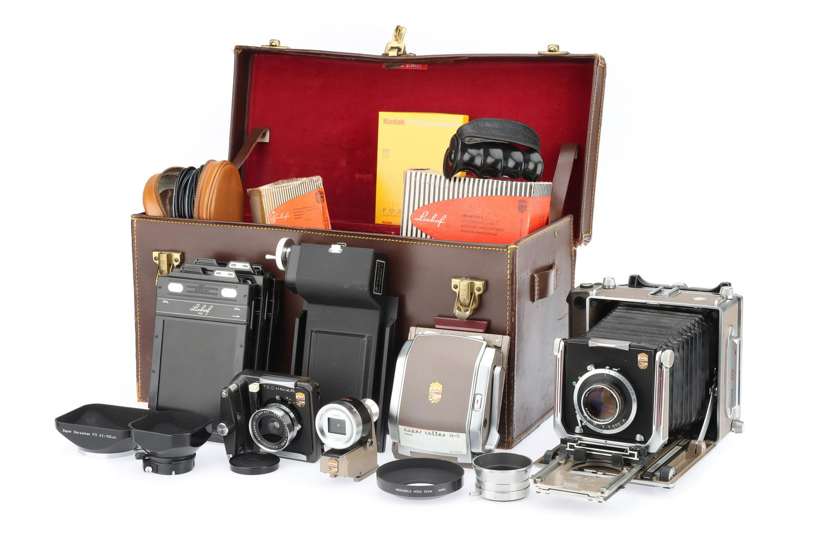 A Linhof Super Technika 5 x 4in. Model IV Technical Camera Outfit: A Linhof Super Technika 5 x 4in. Model IV Technical Camera Outfit 1956-63, serial no.74994, with a VoigtlÃ¤nder APO-Lanthar f/4.5 15cm lens, serial no.4022161, Synchro-Compur shutter working, rangef