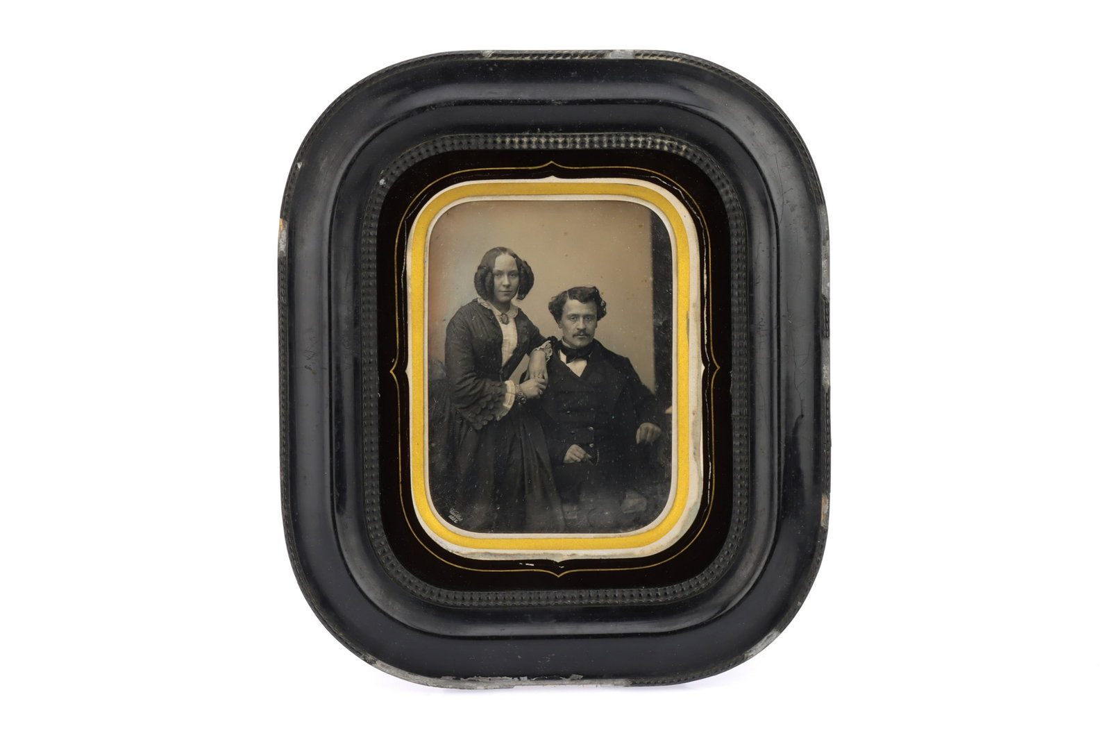 A Large Daguerreotype Portrait,: A Large Daguerreotype Portrait, French, engraved to the corner of the image 'Vaillat 1852' with the remains of a trade label to the rear, image couple in black ebonized frame, image 15cm x 11cm
