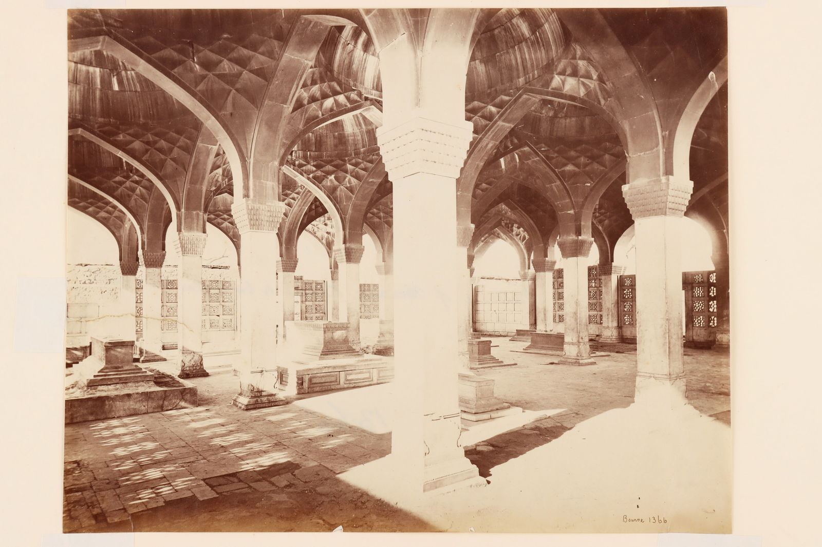 The 64 Pillard Hall, Futtehpore, Sikri c1875, Photograph by Samuel Bourne,: The 64 Pillard Hall, Futtehpore, Sikri c1875. 9 x 11 inch albumen print. Bourne 1366 inscribed in the negative. with one other, lake scene 8 x 12 inch, Bourne 1622 inscribed in the negative. Both moun